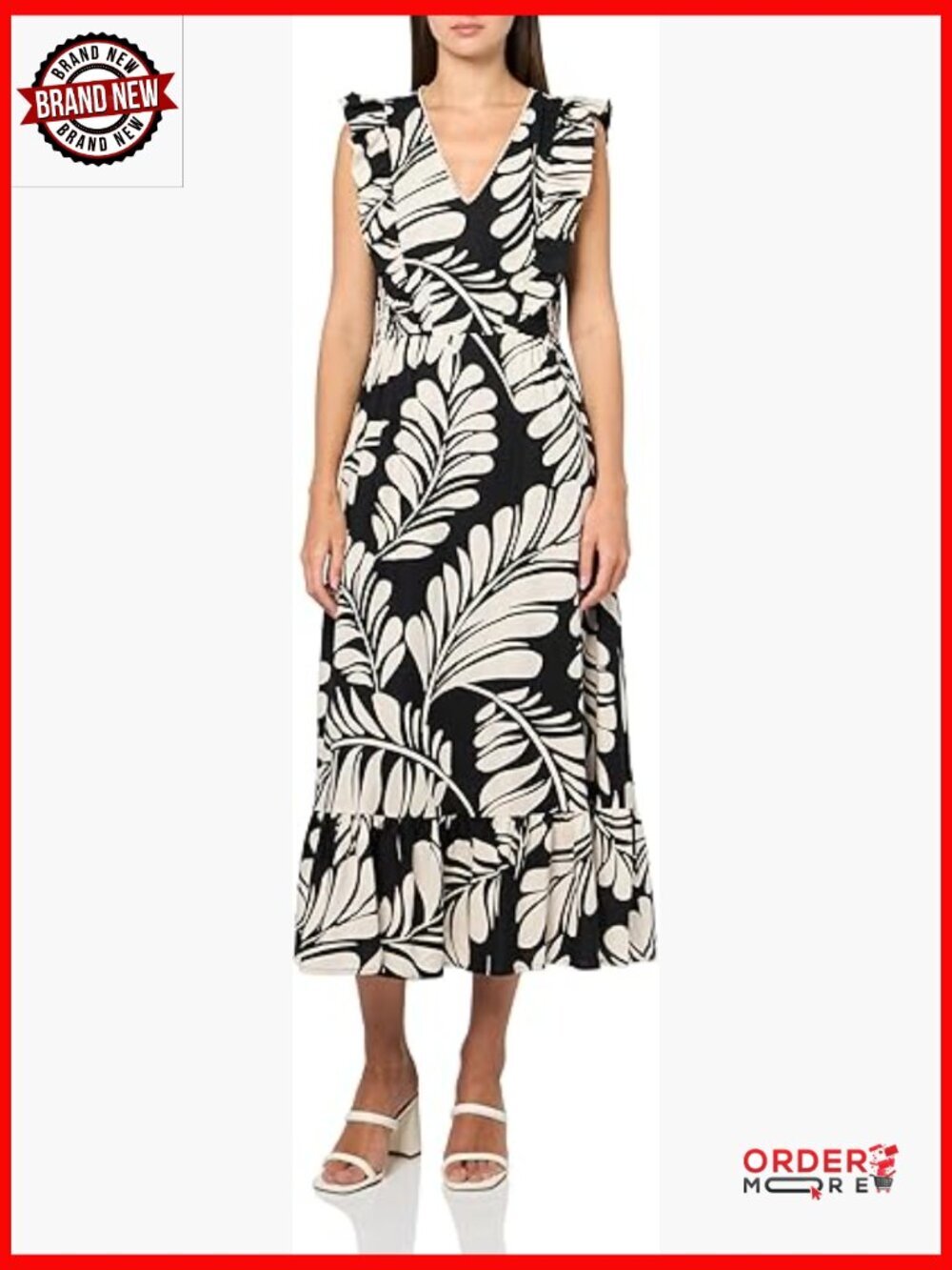 V Neck Ruffle Sleeve Midi Dress Linen Blend Wrap Style